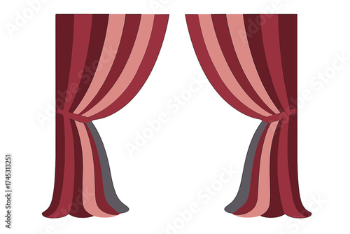 Red striped theater stage curtains tied open with decorative tiebacks