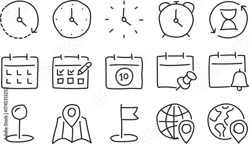 Hand Drawn Time and Calendar Icons Set – Schedule Planning and Deadline Outline Symbols