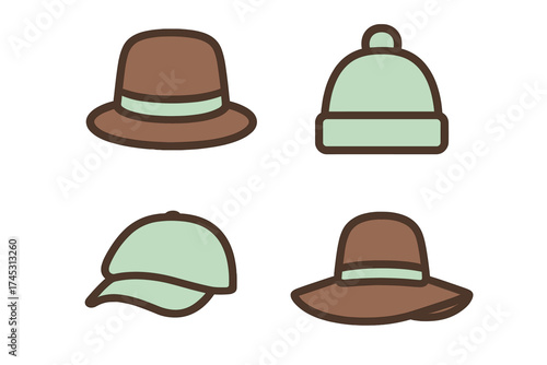 Collection of four stylized headwear icons including fedora, beanie, baseball cap, and sun hat