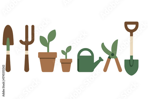 Set of stylized icons depicting gardening tools and various plant growth stages