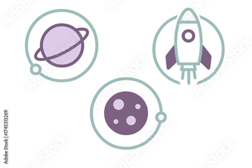 Minimalist icons set featuring planet, moon, and rocket launch