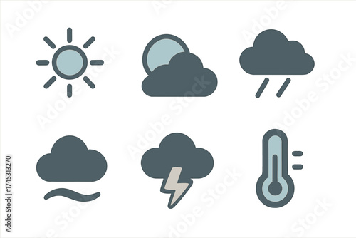 Collection of stylized weather forecast symbols for sun, clouds, rain, fog, and thunderstorm