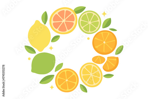 Citrus fruit wreath arrangement with lemon lime orange grapefruit slices and leaves
