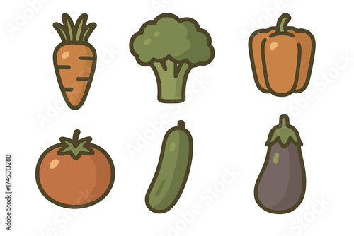 Set of six stylized fresh vegetable icons including carrot broccoli tomato pepper cucumber and eggplant