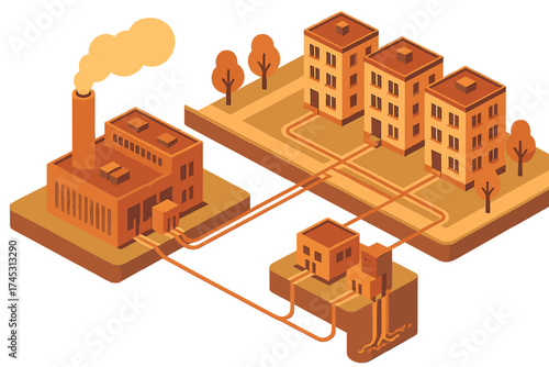 Isometric diagram of geothermal energy distribution system to residential buildings