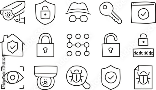 Hand Drawn Cyber Security Icons Set – Data Protection and Privacy Safety Sketch Symbols