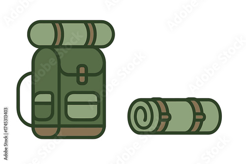 Green hiking backpack and rolled sleeping mat set isolated on white background