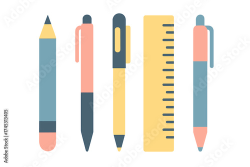 Assortment of writing instruments and measuring tool in modern flat design style