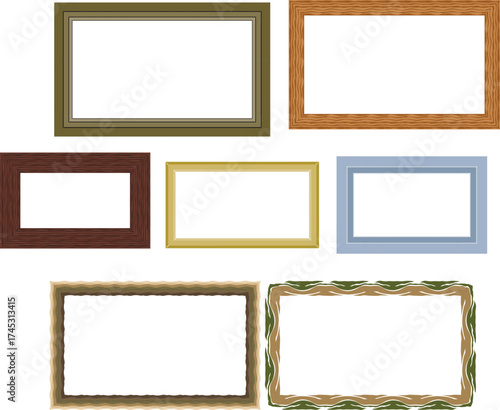 Collection of seven diverse rectangular empty picture frames arranged in a visually appealing cluster against a clean white background offering versatile design possibilities