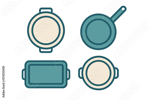 Assortment of kitchen pots and baking pans seen from overhead view