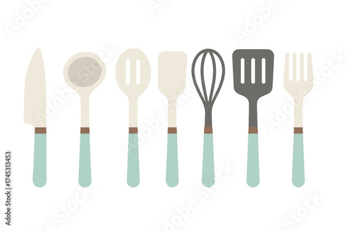 Collection of essential kitchen utensils with modern pastel handles
