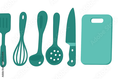 Teal kitchen utensils set including spatula whisk ladle slotted spoon knife and cutting board