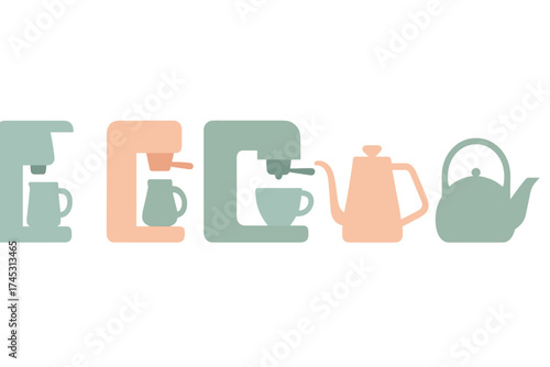 Stylized icons of various coffee makers and kettles for beverage preparation