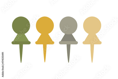 Four stylized map location pins in muted earth tone colors isolated on white