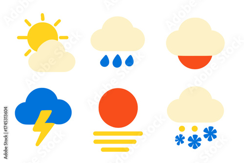 Stylized set of weather forecast icons featuring sun, rain, storm, and snow