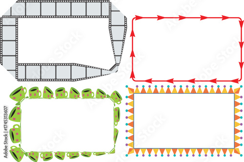 Top down schematic illustration of four distinct garden plots with different border designs and planting styles showcasing architectural layout and landscape planning concepts
