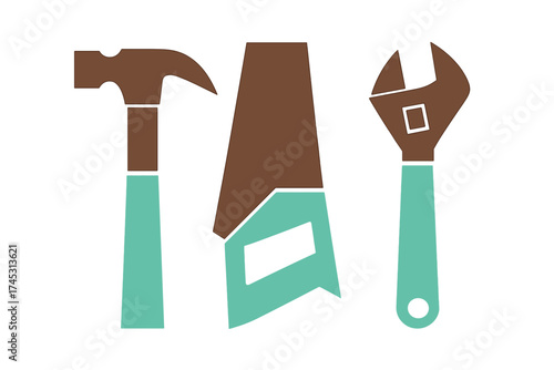 Set of stylized carpentry and plumbing tools icons including hammer saw and wrench