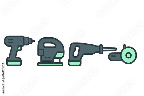 Set of cordless power tools including drill, jigsaw, rotary tool, and angle grinder icons