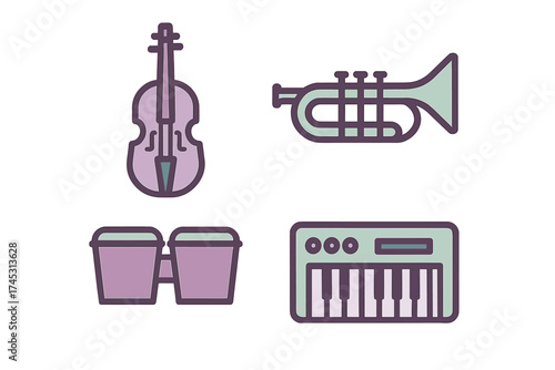 Set of musical instrument icons: violin, trumpet, bongos, and electronic keyboard