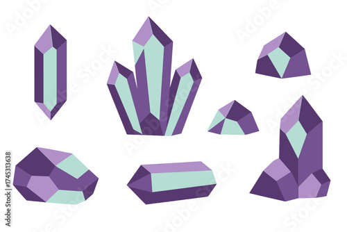 Assortment of geometric crystal formations in purple and mint hues