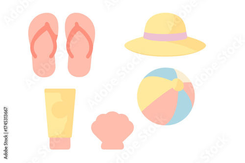 Pastel summer beach vacation accessories icons set