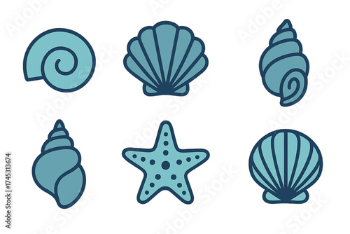 Stylized blue sea shells and starfish icons collection