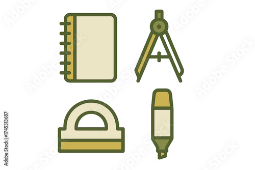 Drafting and drawing tools icons featuring compass, protractor, and notebook