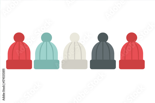 Row of colorful knit winter hats with pom poms in flat design