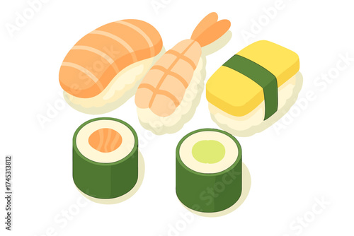 Isometric assortment of sushi pieces including nigiri and maki rolls