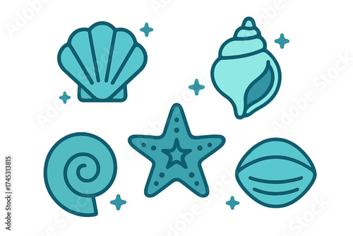 Stylized collection of blue toned sea shells and starfish icons
