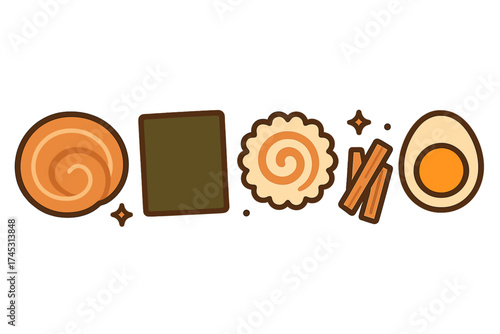 Japanese ramen toppings icons featuring narutomaki and seasoned egg
