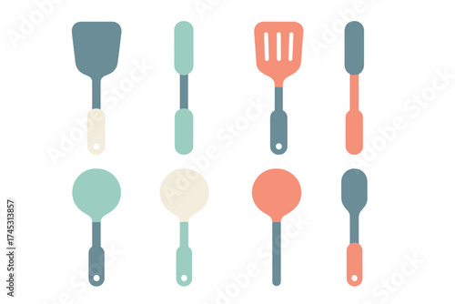 Modern flat kitchen utensils including spatulas and spoons in muted colors
