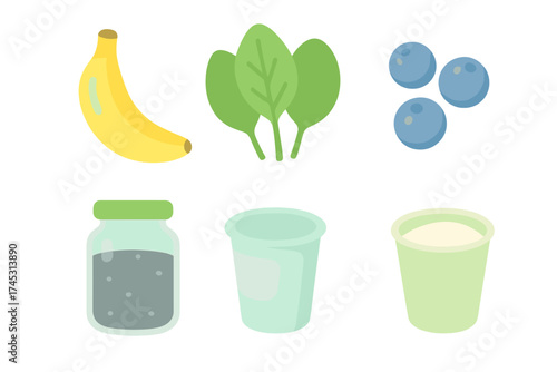 Fresh ingredients for making a healthy green smoothie with banana and berries