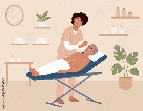 Acupuncture treatment concept. Acupuncture specialist performing facial needle therapy on an elderly patient at a wellness clinic. World Acupuncture Day.