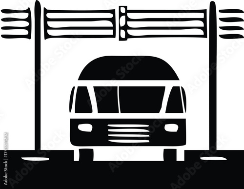 Bus passing underneath overhead gate structure illustration