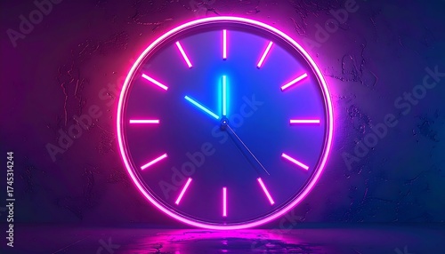Neon clock against a textured wall.  Circular clock with neon pink and blue illumination.  Time displayed, modern style.  Reflecting surface below