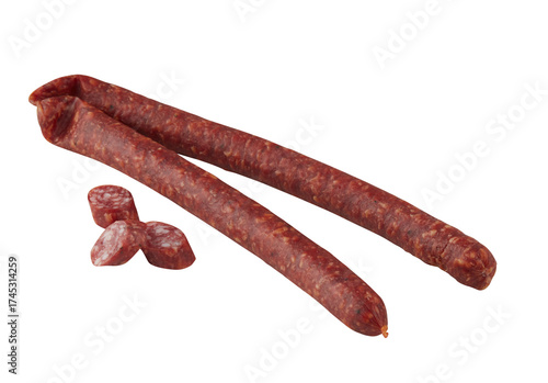 Fresh salami sausage sticks cut out isolated transparent background