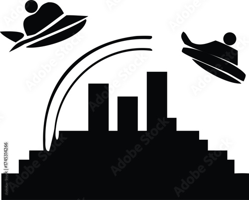 Dynamic jet skiers leaping over city skyline silhouette