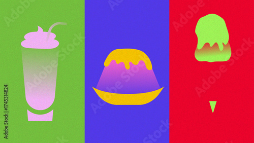 Minimal and negative space illustration of a set of desserts in vibrant and high contrast palette