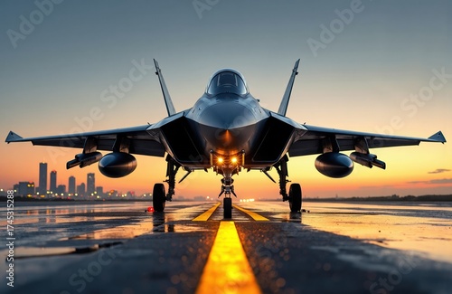 Wallpaper Mural Fighter jet parked on runway during sunset with city skyline in background Torontodigital.ca
