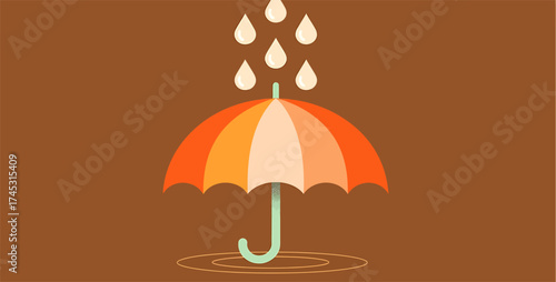 A vibrant, striped umbrella shields from falling raindrops, creating a puddle below on a solid brown backdrop.