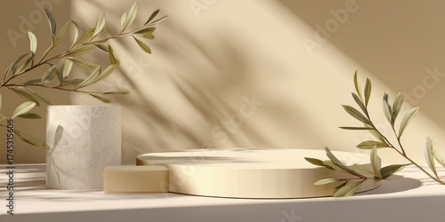 Minimalist Still Life with Ceramic Dish and Olive Branches on Neutral