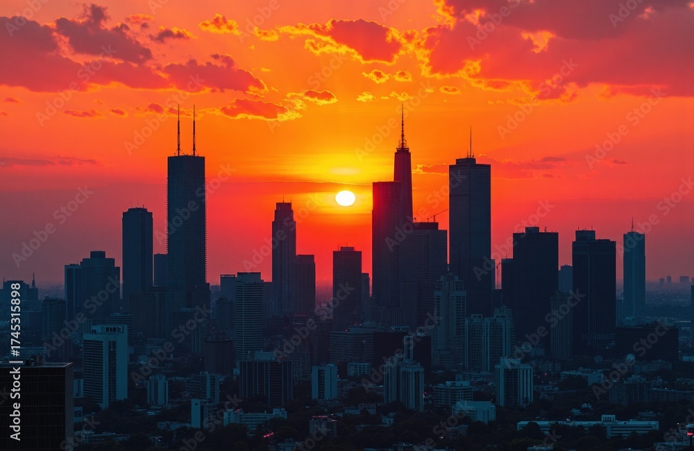 Fototapeta premium Sunset over a city skyline with tall skyscrapers and vibrant orange and pink clouds
