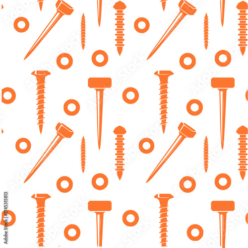 Seamless Pattern of Orange Screws, Nails, and Washers on White Background