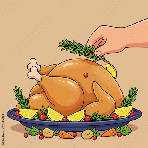 A hand carefully places fresh rosemary on a beautifully roasted turkey, adorned with lemon slices and berries.