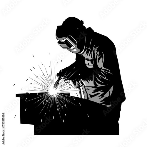Welder silhouette working with sparks isolated on white background
