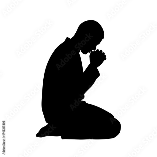 Man praying silhouette isolated on white background