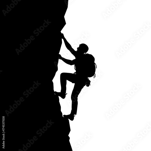 Silhouette of a climber ascending a rock face isolated on white background
