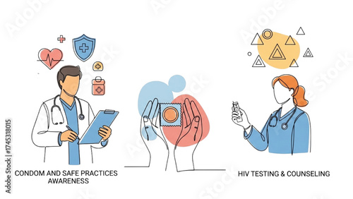 Continuous Line Art of HIV Prevention Awareness, Doctor Explaining to Patient, Condom Safety, and Testing Counseling, Minimalist Medical Illustration
