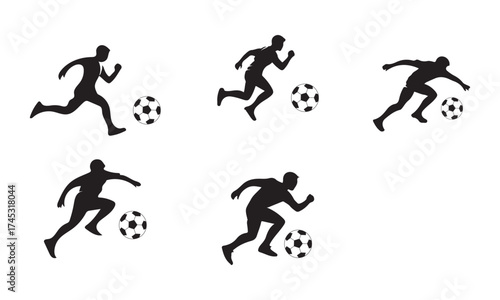 Soccer Players Silhouettes Kicking Football Sport Action Motion or Football Player Running icon